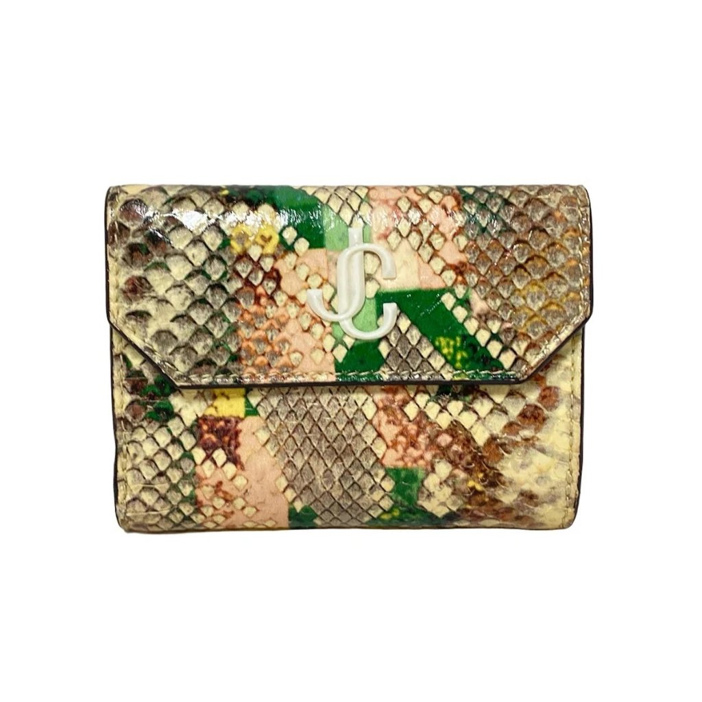 Auth Jimmy Choo - Gray Beige Dark Green Multi Patent Leather Bifold Wallet
